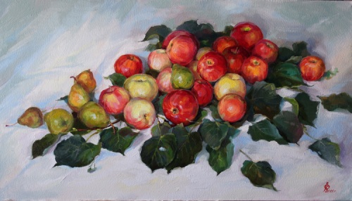 Яблоки,груши и веточка липы.