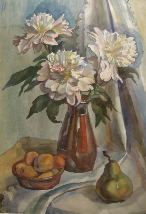 Натюрморт с белыми пионами, абрикос ...