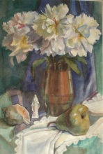 Натюрморт с пионами, статуэткой, раку ...